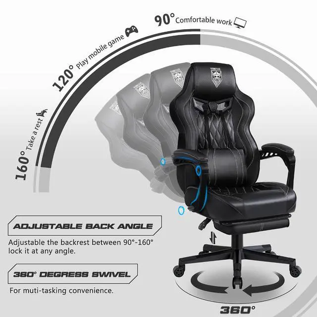Alt view image 5 of 7 - Gaming Chair, Computer Office Chair with Footrest, Reclining Gaming Chairs for Adults, Big and Tall Ergonomic Gaming Chair with Lumbar Support and Massage (Black)