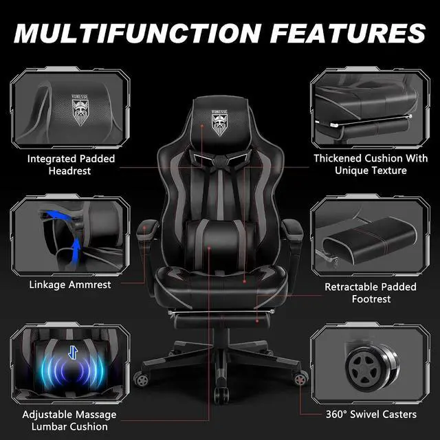 Alt view image 6 of 7 - Gaming Chair for Adults, Reclining Gaming Chairs with Footrest and Massage, Computer Gaming Chair for Heavy People,Ergonomic Gamer Chair Big and Tall (Black/Gray)