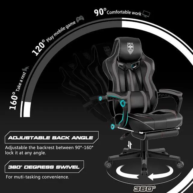 Alt view image 7 of 7 - Gaming Chair for Adults, Reclining Gaming Chairs with Footrest and Massage, Computer Gaming Chair for Heavy People,Ergonomic Gamer Chair Big and Tall (Black/Gray)