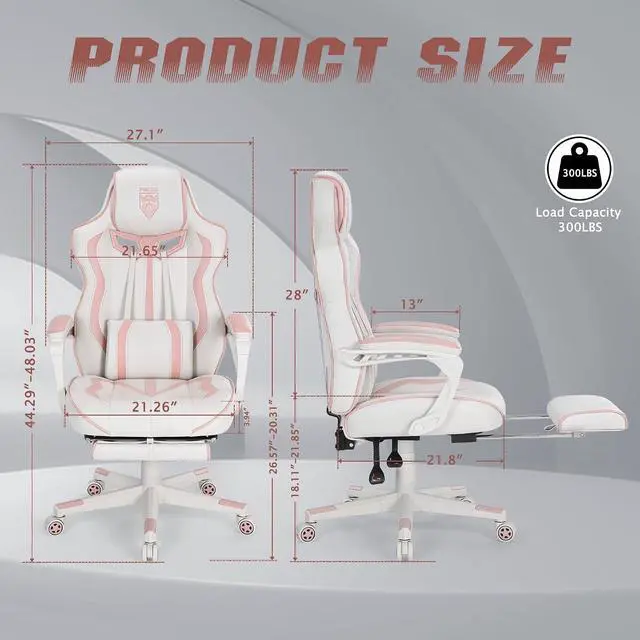 Alt view image 3 of 7 - Gaming Chair for Girls, Pink Computer Gaming Chairs for Adults, Reclining Gamer Chair with Footrest with Massage, Ergonomic Home Office Chair High Back (White/Pink)