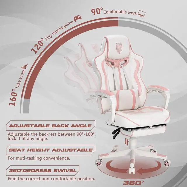 Alt view image 4 of 7 - Gaming Chair for Girls, Pink Computer Gaming Chairs for Adults, Reclining Gamer Chair with Footrest with Massage, Ergonomic Home Office Chair High Back (White/Pink)