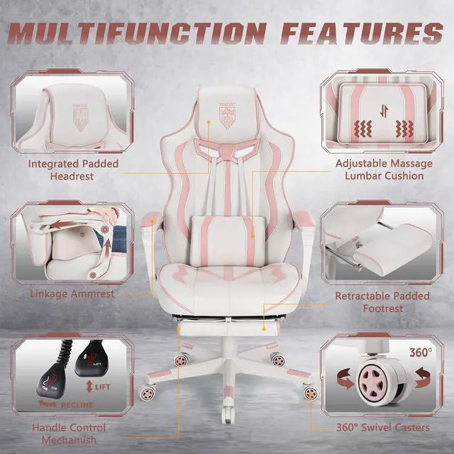 Alt view image 6 of 7 - Gaming Chair for Girls, Pink Computer Gaming Chairs for Adults, Reclining Gamer Chair with Footrest with Massage, Ergonomic Home Office Chair High Back (White/Pink)