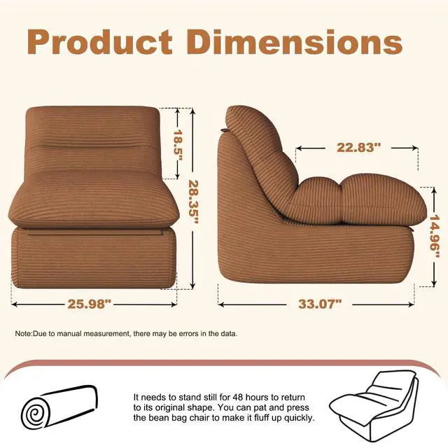 Alt view image 2 of 7 - Bean Bag Chair, Double-Layered Bean Bag Chair for Adults, Comfortable Memory Foam Bean Bag Sofa, Corduroy Bean Bag Couches for Living Room Bedroom (Brown)