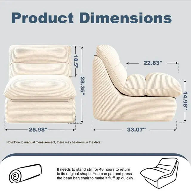 Alt view image 2 of 7 - Bean Bag Chair, Double-Layered Bean Bag Chair for Adults, Comfortable Memory Foam Bean Bag Sofa, Corduroy Bean Bag Couches for Living Room Bedroom (Beige)