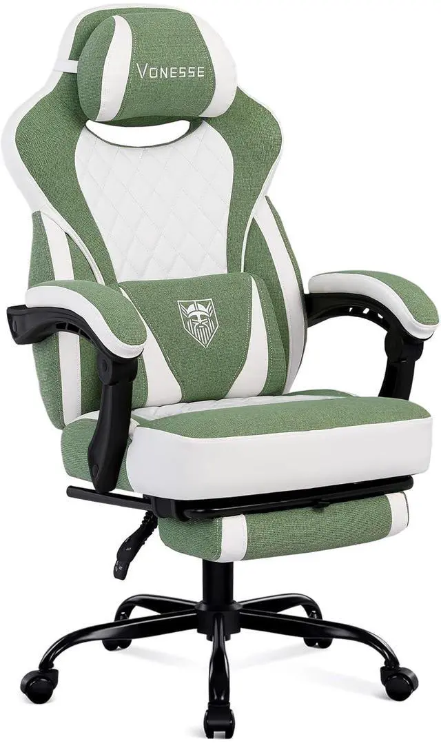 Main image of Gaming Chair, Reclining Fabric Gaming Chairs for Adults 250LBS, Office Chair with Pocket Spring Cushion, Computer Chair with Footrest and Massage Lumbar Support (Green)