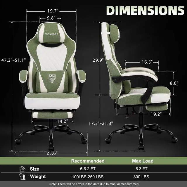 Alt view image 3 of 7 - Gaming Chair, Reclining Fabric Gaming Chairs for Adults 250LBS, Office Chair with Pocket Spring Cushion, Computer Chair with Footrest and Massage Lumbar Support (Green)