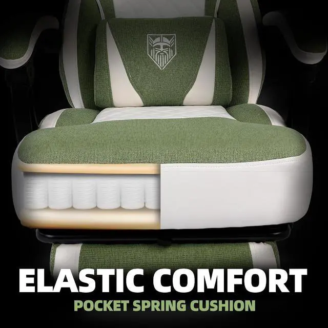 Alt view image 5 of 7 - Gaming Chair, Reclining Fabric Gaming Chairs for Adults 250LBS, Office Chair with Pocket Spring Cushion, Computer Chair with Footrest and Massage Lumbar Support (Green)