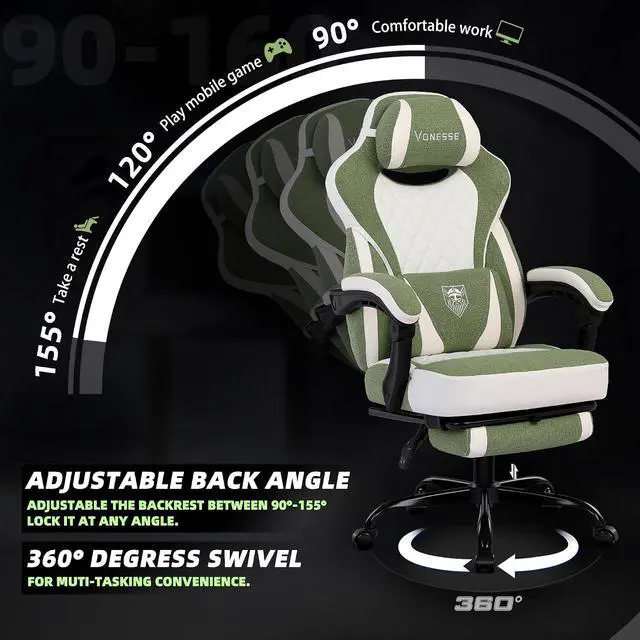 Alt view image 6 of 7 - Gaming Chair, Reclining Fabric Gaming Chairs for Adults 250LBS, Office Chair with Pocket Spring Cushion, Computer Chair with Footrest and Massage Lumbar Support (Green)
