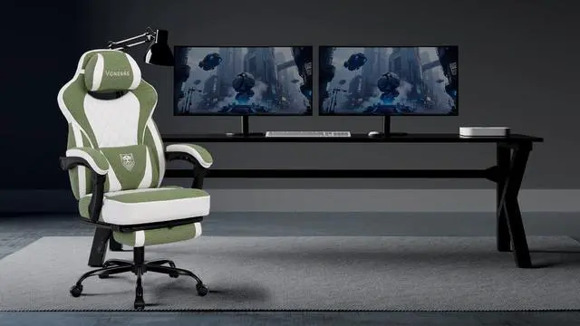 Alt view image 2 of 7 - Gaming Chair, Reclining Fabric Gaming Chairs for Adults 250LBS, Office Chair with Pocket Spring Cushion, Computer Chair with Footrest and Massage Lumbar Support (Green)