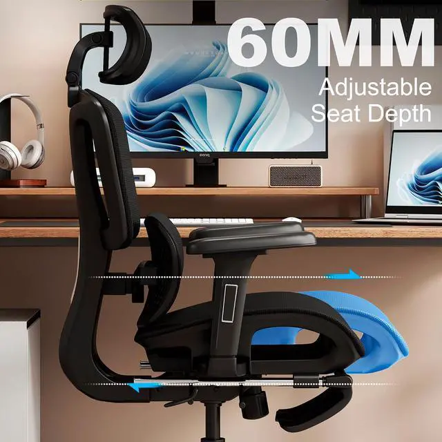 Alt view image 7 of 7 - Ergonomic Office Chair with Footrest, Desk Chairs with Adjustable 3D Headrest and Armrests, Computer Gaming Chair with Dynamic Lumbar Support & Adjustable Depth Breathable Mesh Seat (Black)