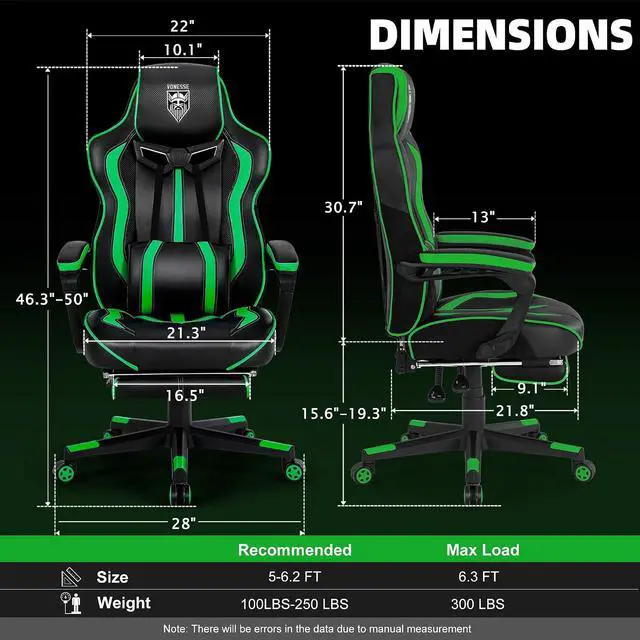 Alt view image 3 of 7 - Gaming Chair with Footrest, Big and Tall Gamer Chair with Massage, Reclining Computer Gaming Chair for Adults, Ergonomic Game Chair for Teens, High Back Video Game Chairs(Green/Black)