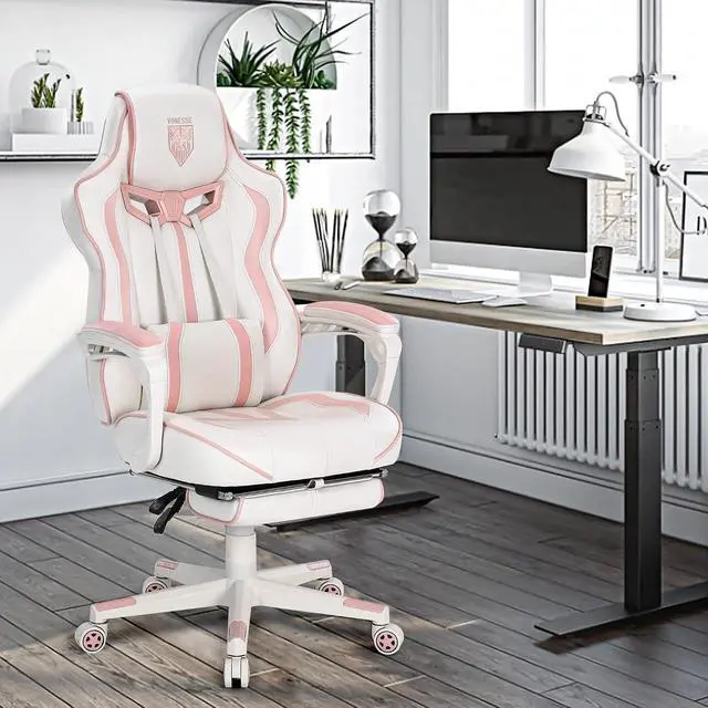 Alt view image 2 of 7 - Gaming Chair for Girls, Pink Computer Gaming Chairs for Adults, Reclining Gamer Chair with Footrest with Massage, Ergonomic Home Office Chair High Back (White/Pink)