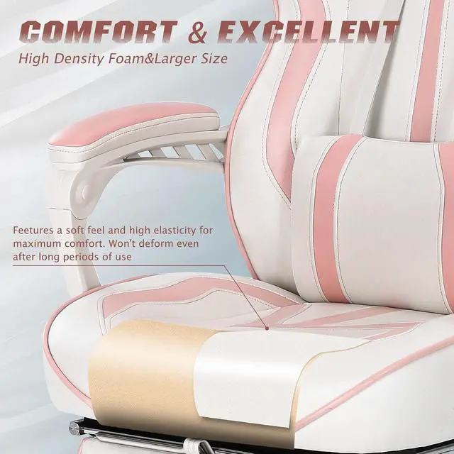 Alt view image 7 of 7 - Gaming Chair for Girls, Pink Computer Gaming Chairs for Adults, Reclining Gamer Chair with Footrest with Massage, Ergonomic Home Office Chair High Back (White/Pink)