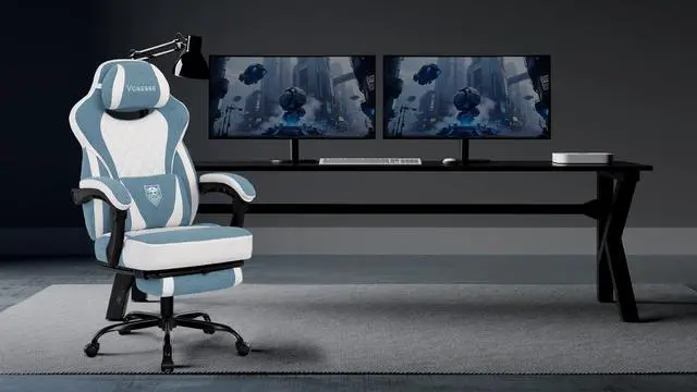 Alt view image 2 of 7 - Gaming Chair, Reclining Fabric Gaming Chairs for Adults 250LBS, Office Chair with Pocket Spring Cushion, Computer Chair with Footrest and Massage Lumbar Support (Blue)