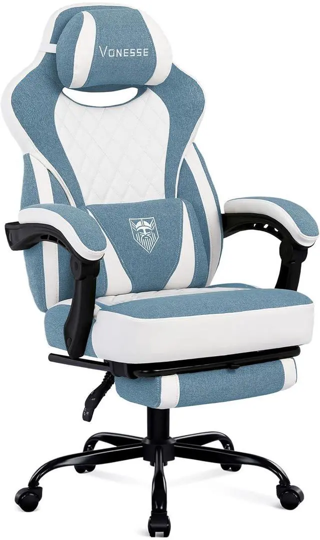Main image of Gaming Chair, Reclining Fabric Gaming Chairs for Adults 250LBS, Office Chair with Pocket Spring Cushion, Computer Chair with Footrest and Massage Lumbar Support (Blue)