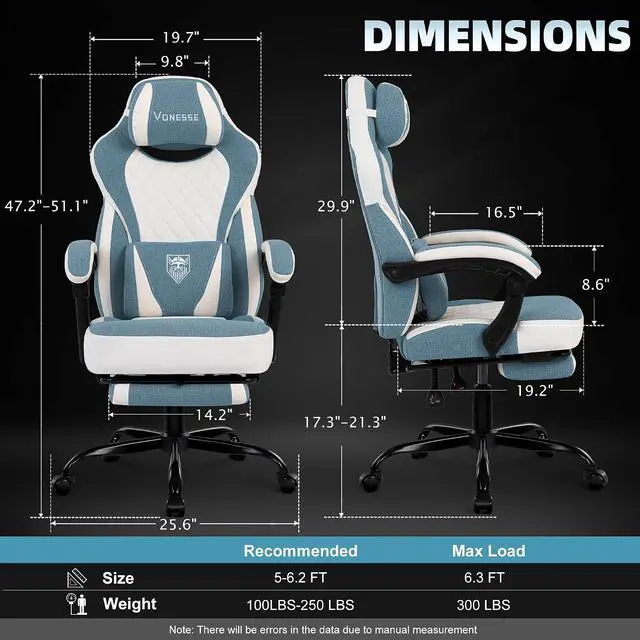 Alt view image 3 of 7 - Gaming Chair, Reclining Fabric Gaming Chairs for Adults 250LBS, Office Chair with Pocket Spring Cushion, Computer Chair with Footrest and Massage Lumbar Support (Blue)