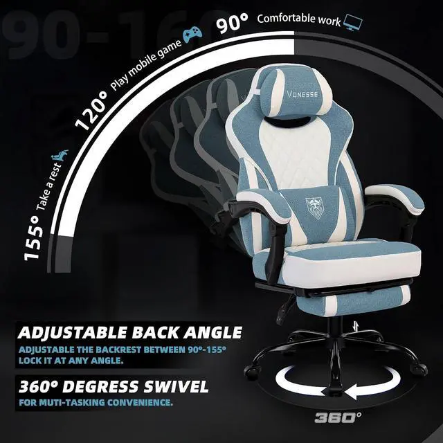 Alt view image 6 of 7 - Gaming Chair, Reclining Fabric Gaming Chairs for Adults 250LBS, Office Chair with Pocket Spring Cushion, Computer Chair with Footrest and Massage Lumbar Support (Blue)