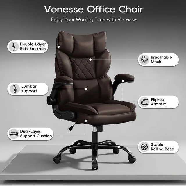 Alt view image 3 of 7 - Office Chair, Gaming Chair with Flip-up Armrests, Desk Chair with Double-Layered Soft Backrest,PU Leather Computer Executive Chair with Breathable Seat Cushion (Brown)