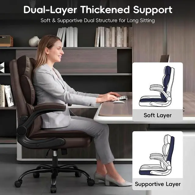 Alt view image 4 of 7 - Office Chair, Gaming Chair with Flip-up Armrests, Desk Chair with Double-Layered Soft Backrest,PU Leather Computer Executive Chair with Breathable Seat Cushion (Brown)