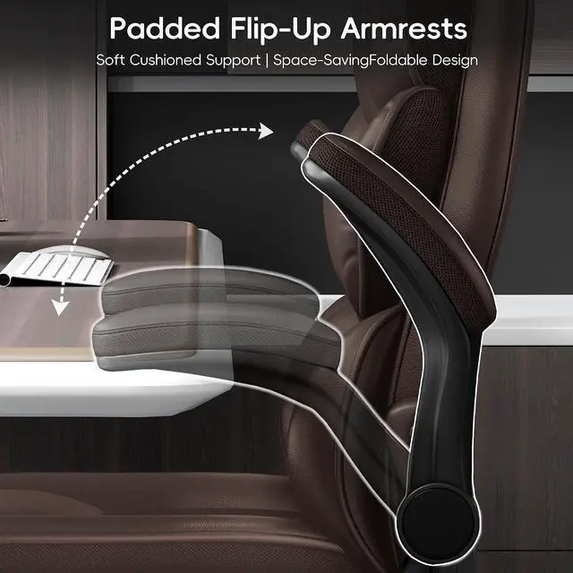 Alt view image 5 of 7 - Office Chair, Gaming Chair with Flip-up Armrests, Desk Chair with Double-Layered Soft Backrest,PU Leather Computer Executive Chair with Breathable Seat Cushion (Brown)