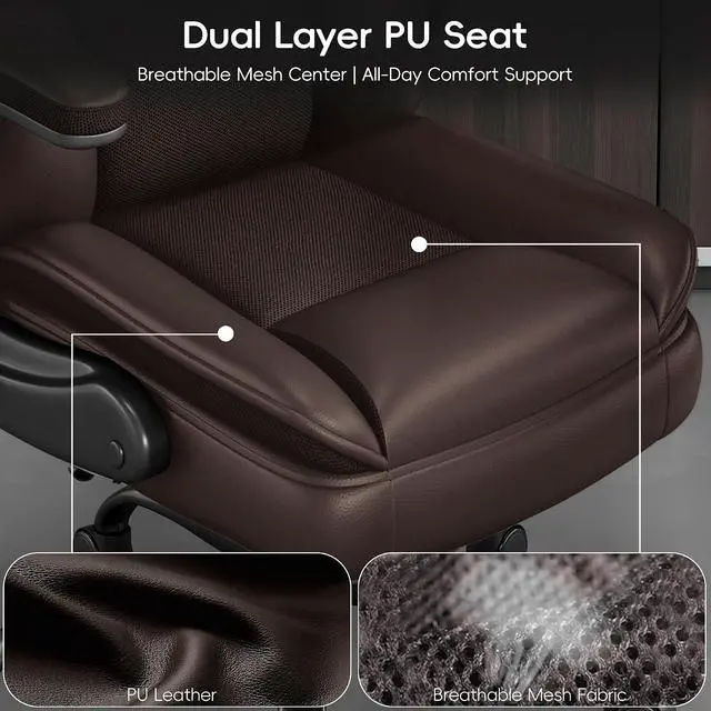 Alt view image 7 of 7 - Office Chair, Gaming Chair with Flip-up Armrests, Desk Chair with Double-Layered Soft Backrest,PU Leather Computer Executive Chair with Breathable Seat Cushion (Brown)