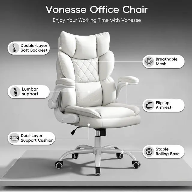 Alt view image 3 of 7 - Office Chair, Gaming Chair with Flip-up Armrests, Desk Chair with Double-Layered Soft Backrest,PU Leather Computer Executive Chair with Breathable Seat Cushion (White)