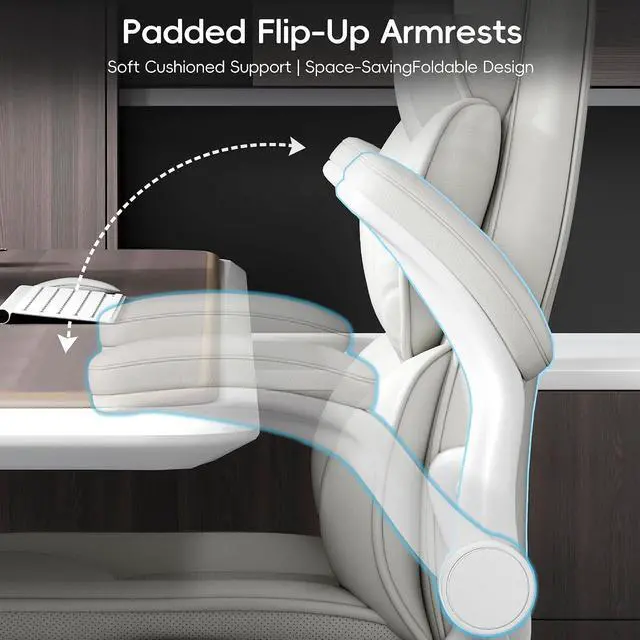 Alt view image 5 of 7 - Office Chair, Gaming Chair with Flip-up Armrests, Desk Chair with Double-Layered Soft Backrest,PU Leather Computer Executive Chair with Breathable Seat Cushion (White)