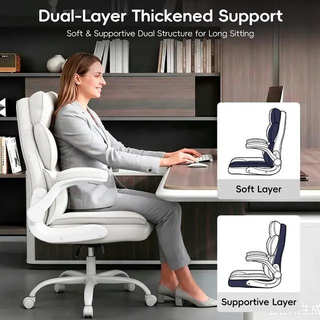 Alt view image 4 of 7 - Office Chair, Gaming Chair with Flip-up Armrests, Desk Chair with Double-Layered Soft Backrest,PU Leather Computer Executive Chair with Breathable Seat Cushion (White)