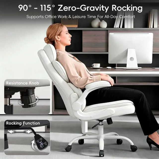 Alt view image 7 of 7 - Office Chair, Gaming Chair with Flip-up Armrests, Desk Chair with Double-Layered Soft Backrest,PU Leather Computer Executive Chair with Breathable Seat Cushion (White)