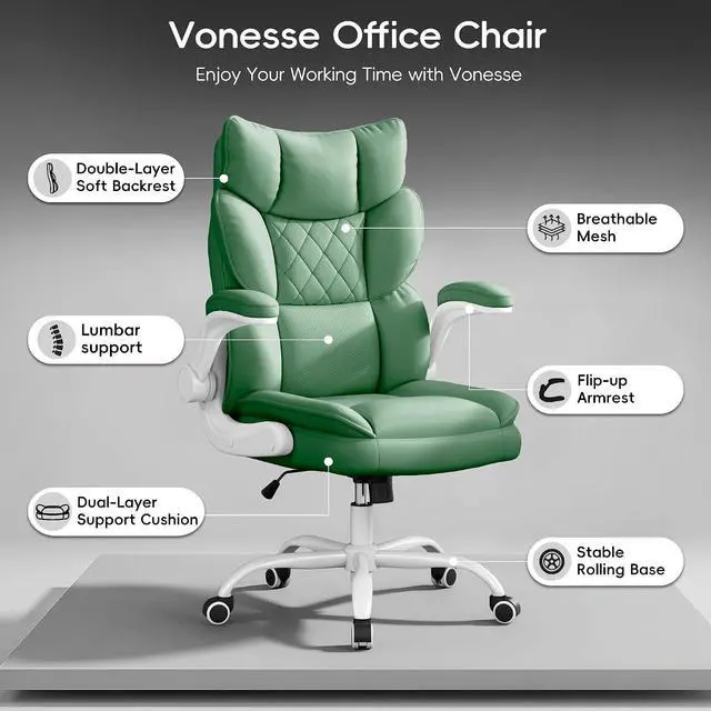 Alt view image 3 of 7 - Office Chair, Gaming Chair with Flip-up Armrests, Desk Chair with Double-Layered Soft Backrest,PU Leather Computer Executive Chair with Breathable Seat Cushion (Green)