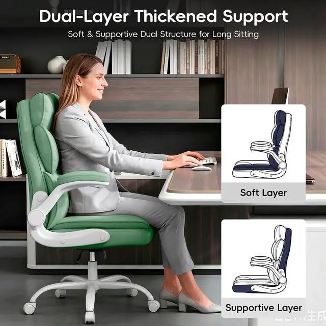 Alt view image 4 of 7 - Office Chair, Gaming Chair with Flip-up Armrests, Desk Chair with Double-Layered Soft Backrest,PU Leather Computer Executive Chair with Breathable Seat Cushion (Green)