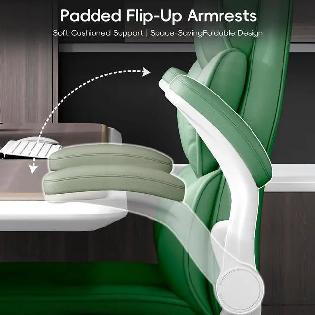 Alt view image 5 of 7 - Office Chair, Gaming Chair with Flip-up Armrests, Desk Chair with Double-Layered Soft Backrest,PU Leather Computer Executive Chair with Breathable Seat Cushion (Green)