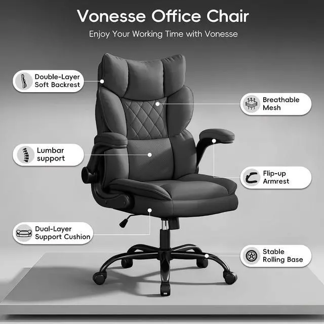 Alt view image 3 of 7 - Office Chair, Gaming Chair with Flip-up Armrests, Desk Chair with Double-Layered Soft Backrest,PU Leather Computer Executive Chair with Breathable Seat Cushion (Grey)