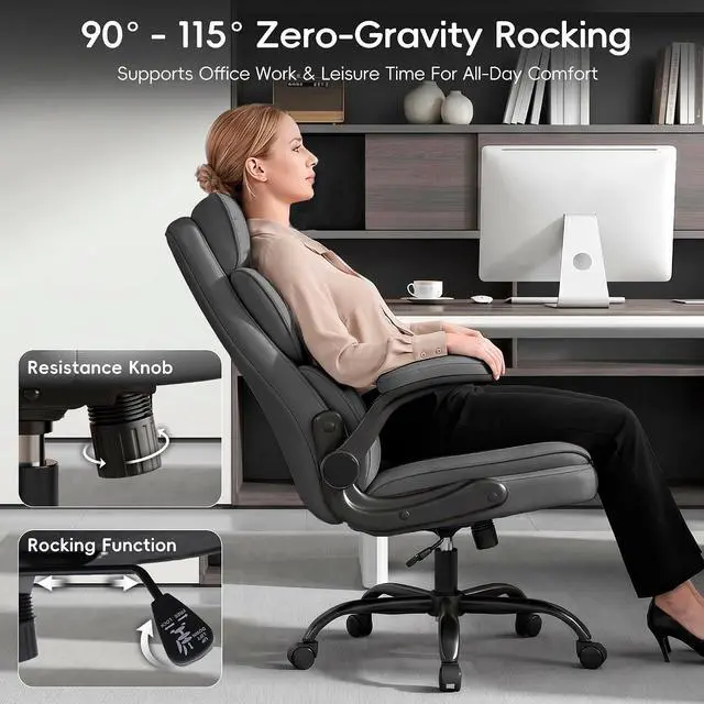 Alt view image 7 of 7 - Office Chair, Gaming Chair with Flip-up Armrests, Desk Chair with Double-Layered Soft Backrest,PU Leather Computer Executive Chair with Breathable Seat Cushion (Grey)