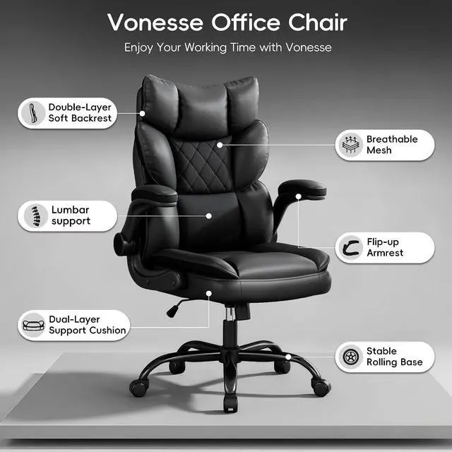 Alt view image 3 of 7 - Office Chair, Gaming Chair with Flip-up Armrests, Desk Chair with Double-Layered Soft Backrest,PU Leather Computer Executive Chair with Breathable Seat Cushion (Black)