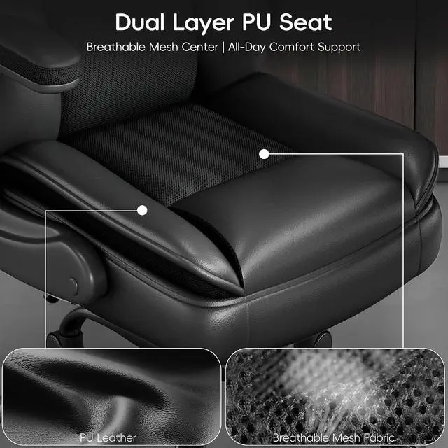 Alt view image 7 of 7 - Office Chair, Gaming Chair with Flip-up Armrests, Desk Chair with Double-Layered Soft Backrest,PU Leather Computer Executive Chair with Breathable Seat Cushion (Black)