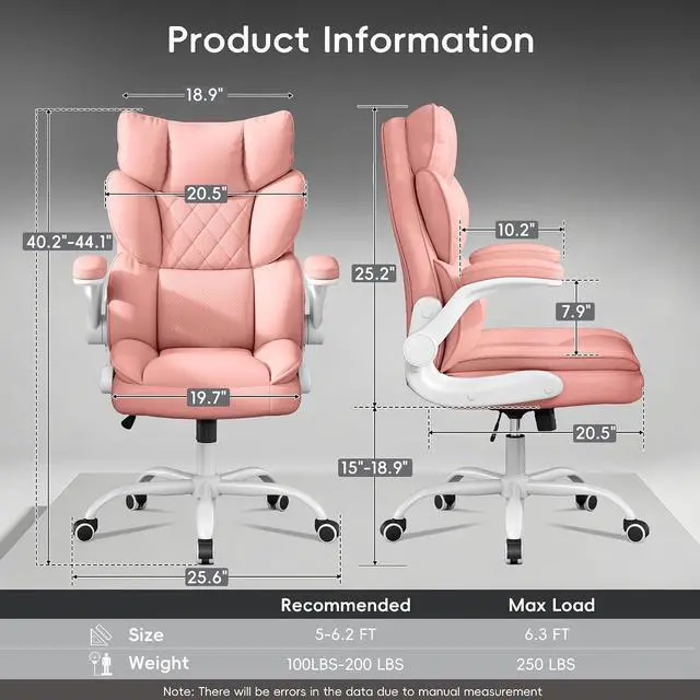 Alt view image 2 of 7 - Office Chair, Gaming Chair with Flip-up Armrests, Desk Chair with Double-Layered Soft Backrest,PU Leather Computer Executive Chair with Breathable Seat Cushion (Pink)
