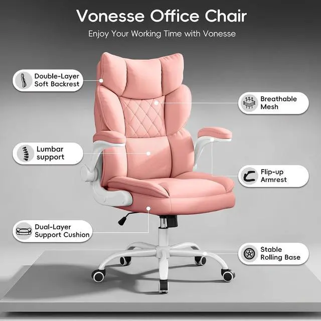 Alt view image 3 of 7 - Office Chair, Gaming Chair with Flip-up Armrests, Desk Chair with Double-Layered Soft Backrest,PU Leather Computer Executive Chair with Breathable Seat Cushion (Pink)