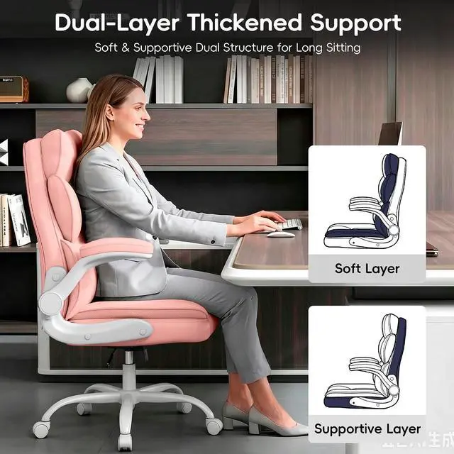 Alt view image 4 of 7 - Office Chair, Gaming Chair with Flip-up Armrests, Desk Chair with Double-Layered Soft Backrest,PU Leather Computer Executive Chair with Breathable Seat Cushion (Pink)