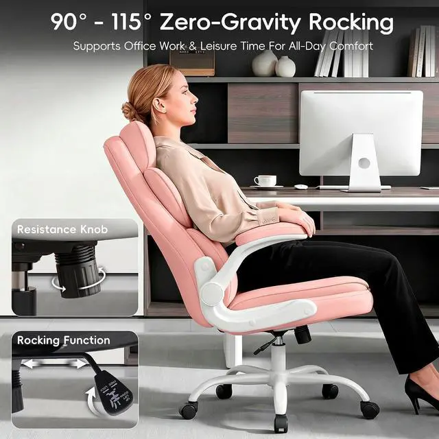 Alt view image 7 of 7 - Office Chair, Gaming Chair with Flip-up Armrests, Desk Chair with Double-Layered Soft Backrest,PU Leather Computer Executive Chair with Breathable Seat Cushion (Pink)