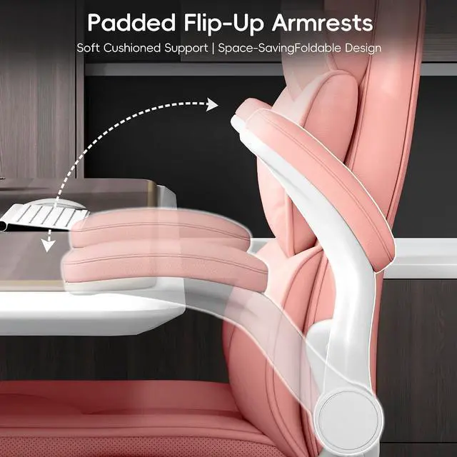 Alt view image 5 of 7 - Office Chair, Gaming Chair with Flip-up Armrests, Desk Chair with Double-Layered Soft Backrest,PU Leather Computer Executive Chair with Breathable Seat Cushion (Pink)