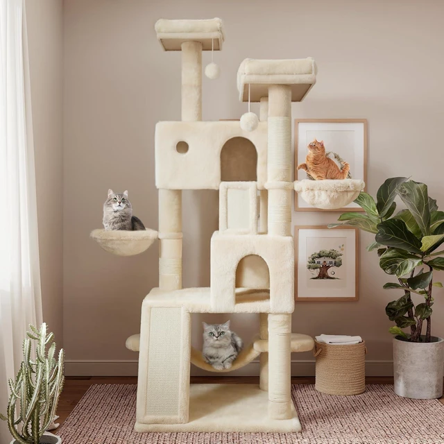 Alt view image 2 of 7 - 65in Larger Cat Tree Tower Condo for Indoor Kitties/Multi-Level Furniture Activity Center with Wide Base/Cozy Plush Cat Perches/Baskets/Sisal Scratching Posts and Hammock/Beige