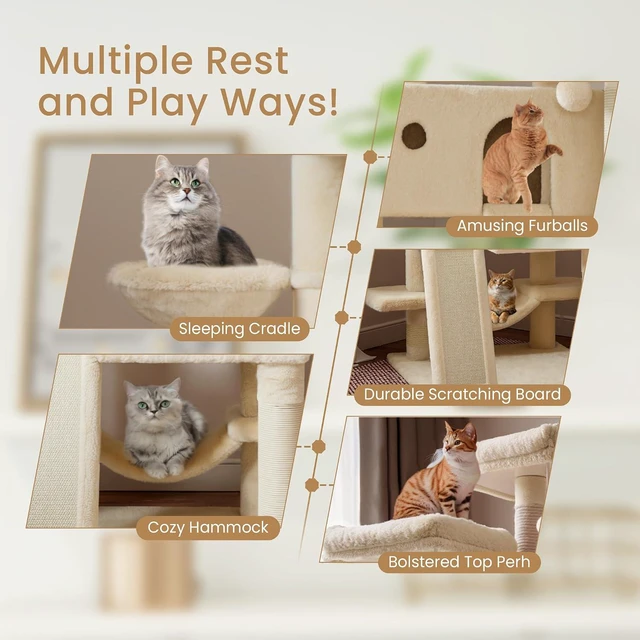 Alt view image 5 of 7 - 65in Larger Cat Tree Tower Condo for Indoor Kitties/Multi-Level Furniture Activity Center with Wide Base/Cozy Plush Cat Perches/Baskets/Sisal Scratching Posts and Hammock/Beige