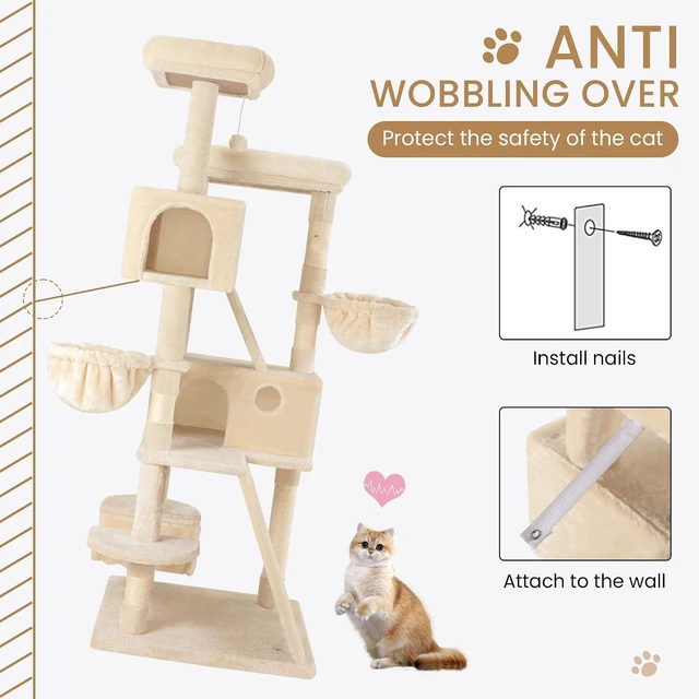 Alt view image 7 of 7 - 65in Larger Cat Tree Tower Condo for Indoor Kitties/Multi-Level Furniture Activity Center with Wide Base/Cozy Plush Cat Perches/Baskets/Sisal Scratching Posts and Hammock/Beige