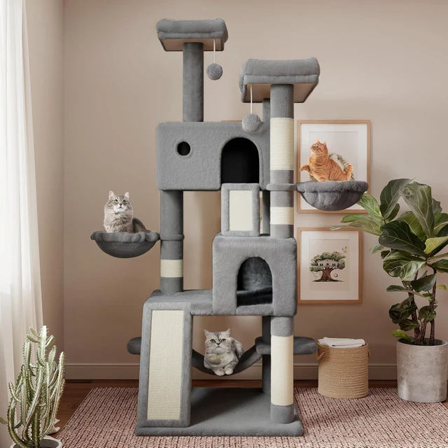 Alt view image 2 of 7 - 65in Larger Cat Tree Tower Condo for Indoor Kitties/Multi-Level Furniture Activity Center with Wide Base/Cozy Plush Cat Perches/Baskets/Sisal Scratching Posts and Hammock/Grey