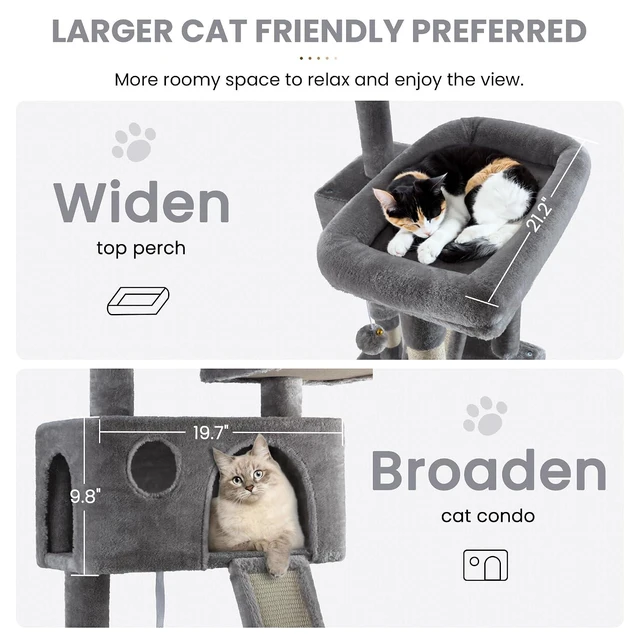 Alt view image 3 of 7 - 65in Larger Cat Tree Tower Condo for Indoor Kitties/Multi-Level Furniture Activity Center with Wide Base/Cozy Plush Cat Perches/Baskets/Sisal Scratching Posts and Hammock/Grey