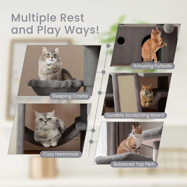 Alt view image 5 of 7 - 65in Larger Cat Tree Tower Condo for Indoor Kitties/Multi-Level Furniture Activity Center with Wide Base/Cozy Plush Cat Perches/Baskets/Sisal Scratching Posts and Hammock/Grey