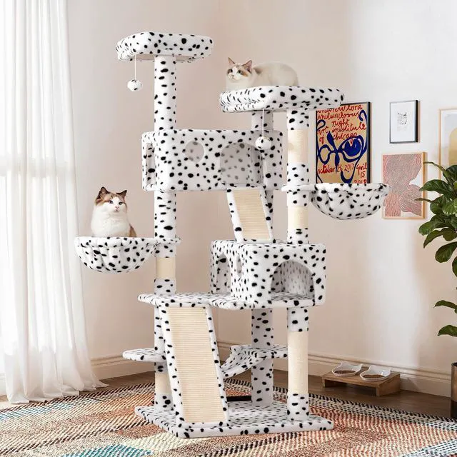 Main image of 65in Larger Cat Tree Tower Condo for Indoor Kitties/Multi-Level Furniture Activity Center with Wide Base/Cozy Plush Perches/Baskets/Sisal Scratching Posts and Hammock/White & Black Spot