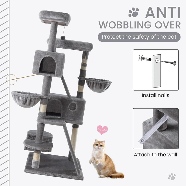 Alt view image 7 of 7 - 65in Larger Cat Tree Tower Condo for Indoor Kitties/Multi-Level Furniture Activity Center with Wide Base/Cozy Plush Cat Perches/Baskets/Sisal Scratching Posts and Hammock/Grey