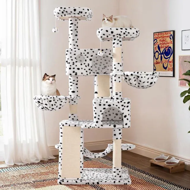 Alt view image 2 of 7 - 65in Larger Cat Tree Tower Condo for Indoor Kitties/Multi-Level Furniture Activity Center with Wide Base/Cozy Plush Perches/Baskets/Sisal Scratching Posts and Hammock/White & Black Spot